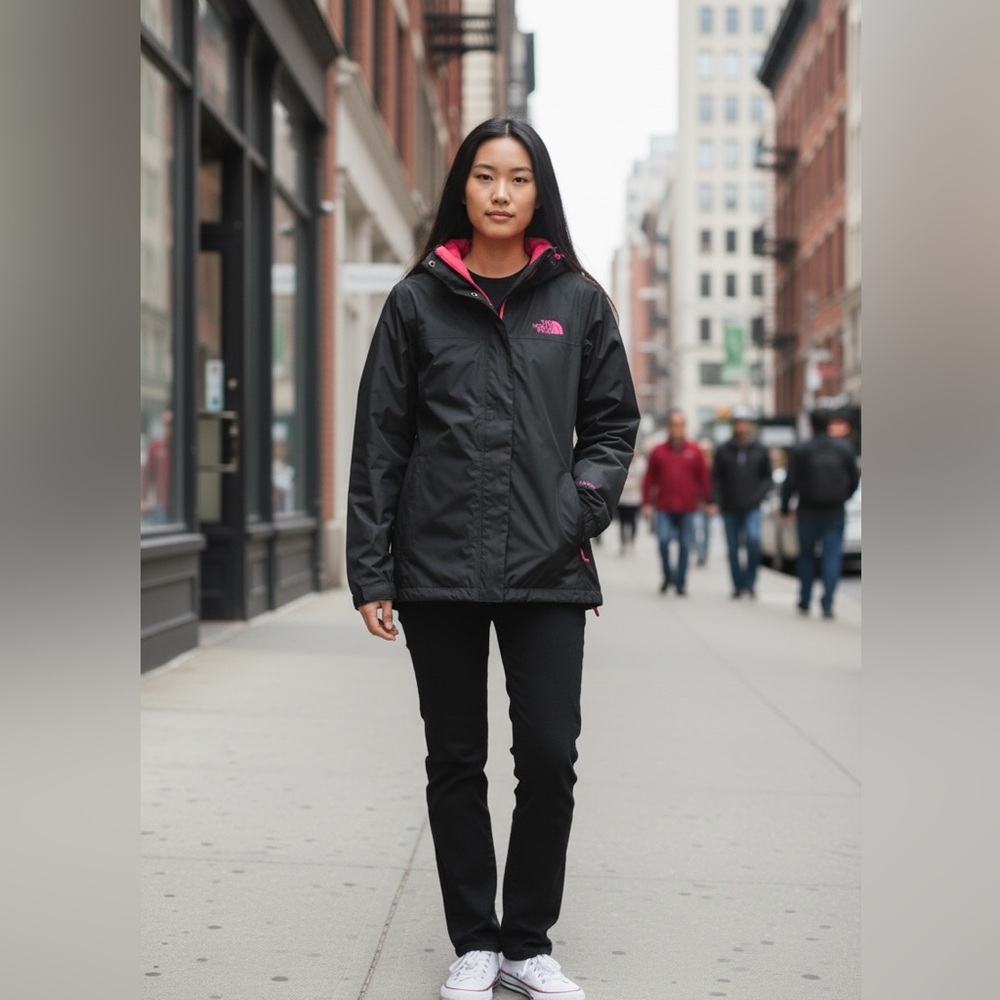 The North Face Black wind/rain Jacket with Pink Highlights. Size large